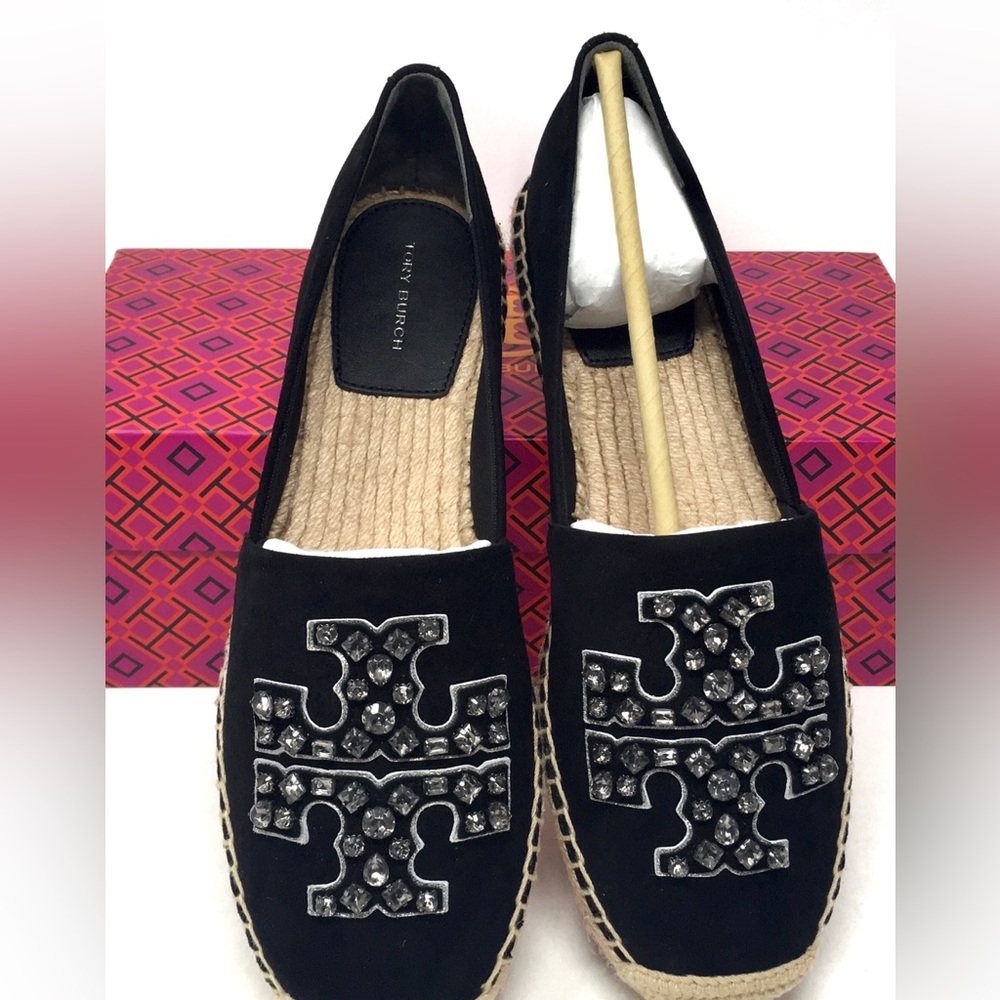 Tory Burch Embellished Espadrille Jewel Suede Perfect Black/Black Diamond - Picture 8 of 11